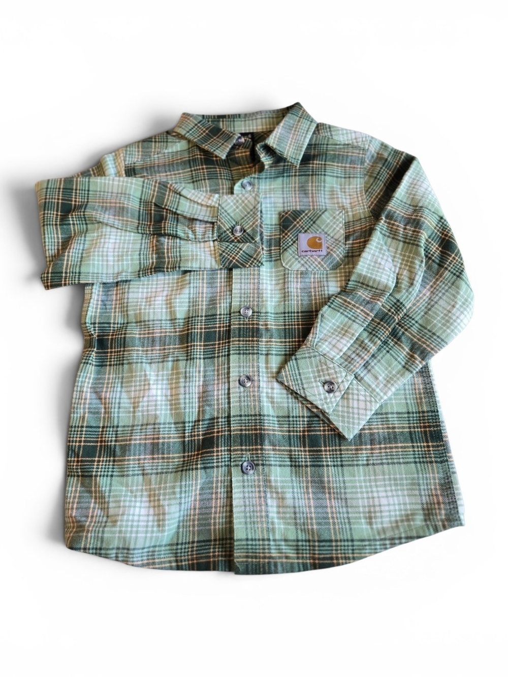Carhartt Boys size 5 Frost Green Plaid Button-Front Shirt Soft Cotton Flannel